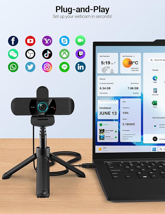 RUWBY UHD 4K Webcam with Built-in Dual Mics, Wide-Angle Lens, Privacy Cover
