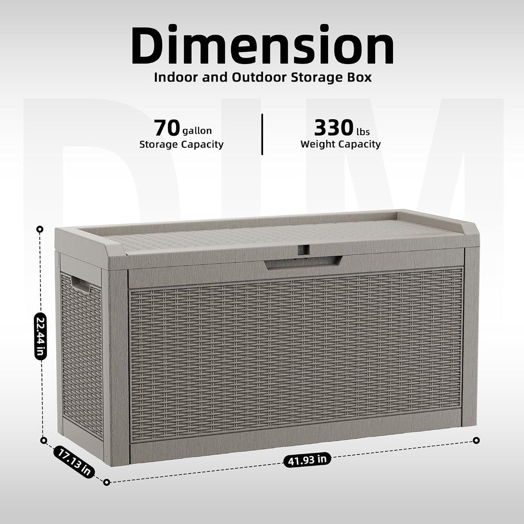 70 gallon outdoor deck box, resin waterproof storage showing dimensions