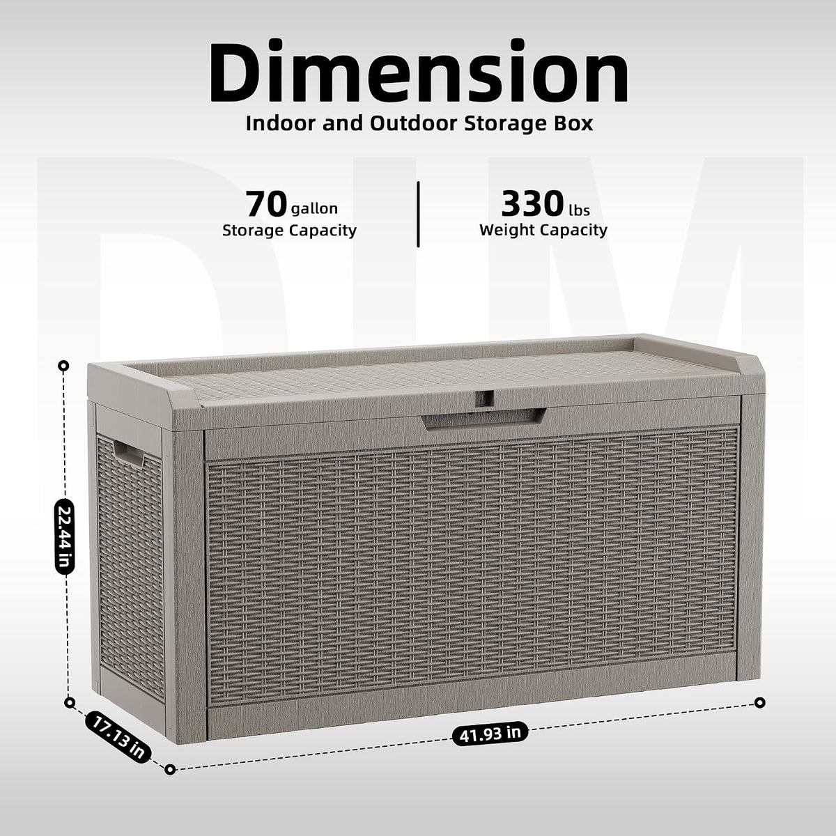 70 gallon outdoor deck box, resin waterproof storage showing dimensions