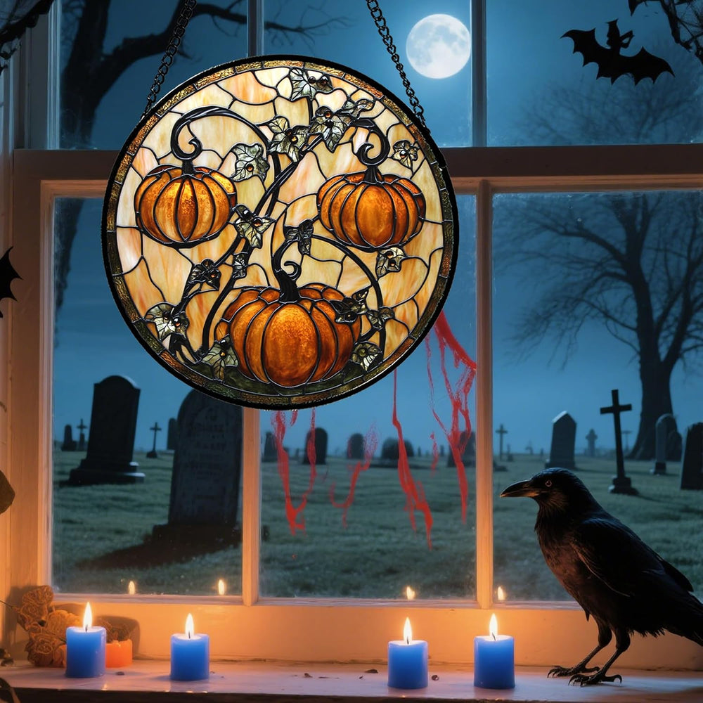 Halloween Orange Pumpkin Vine Leaves Stained Glass Window Hanging Gift 15"