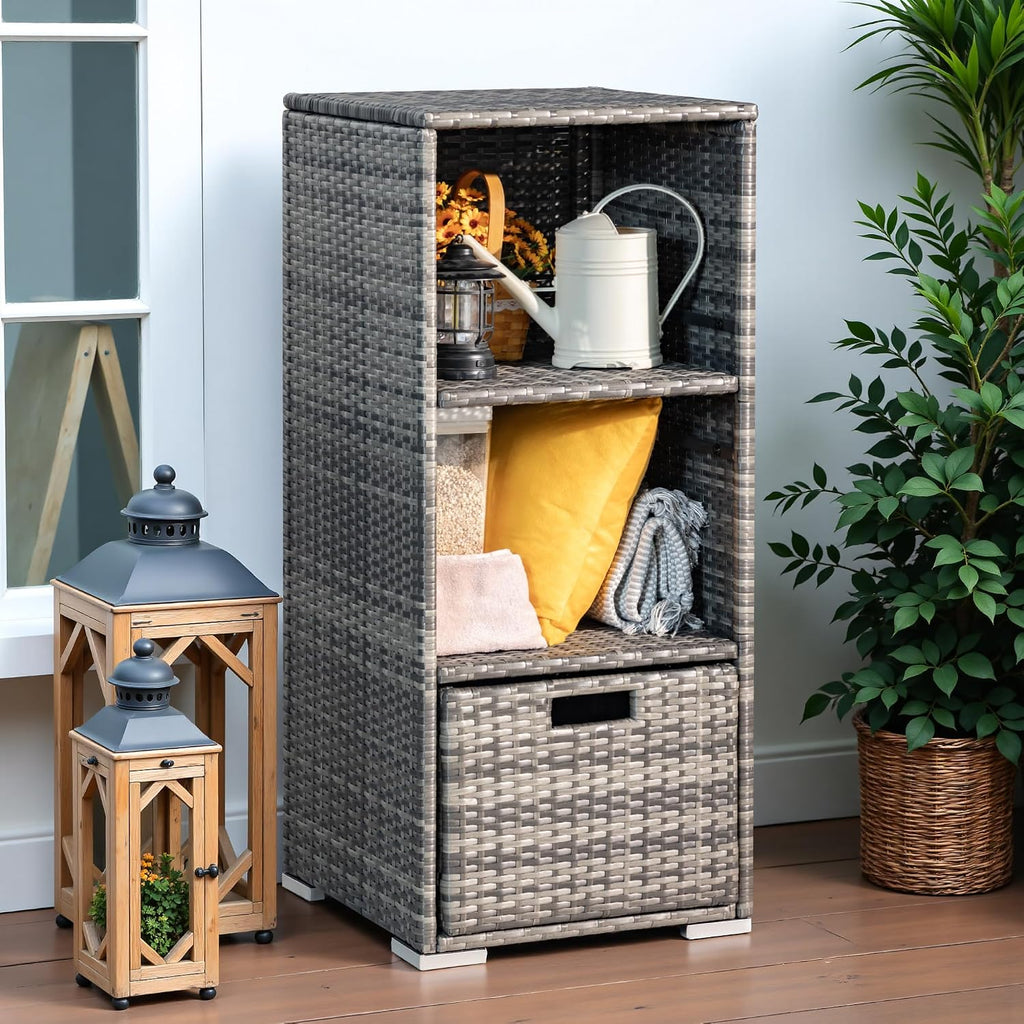 greesum rattan storage shed,outdoor towel rack,grey showing dimensions