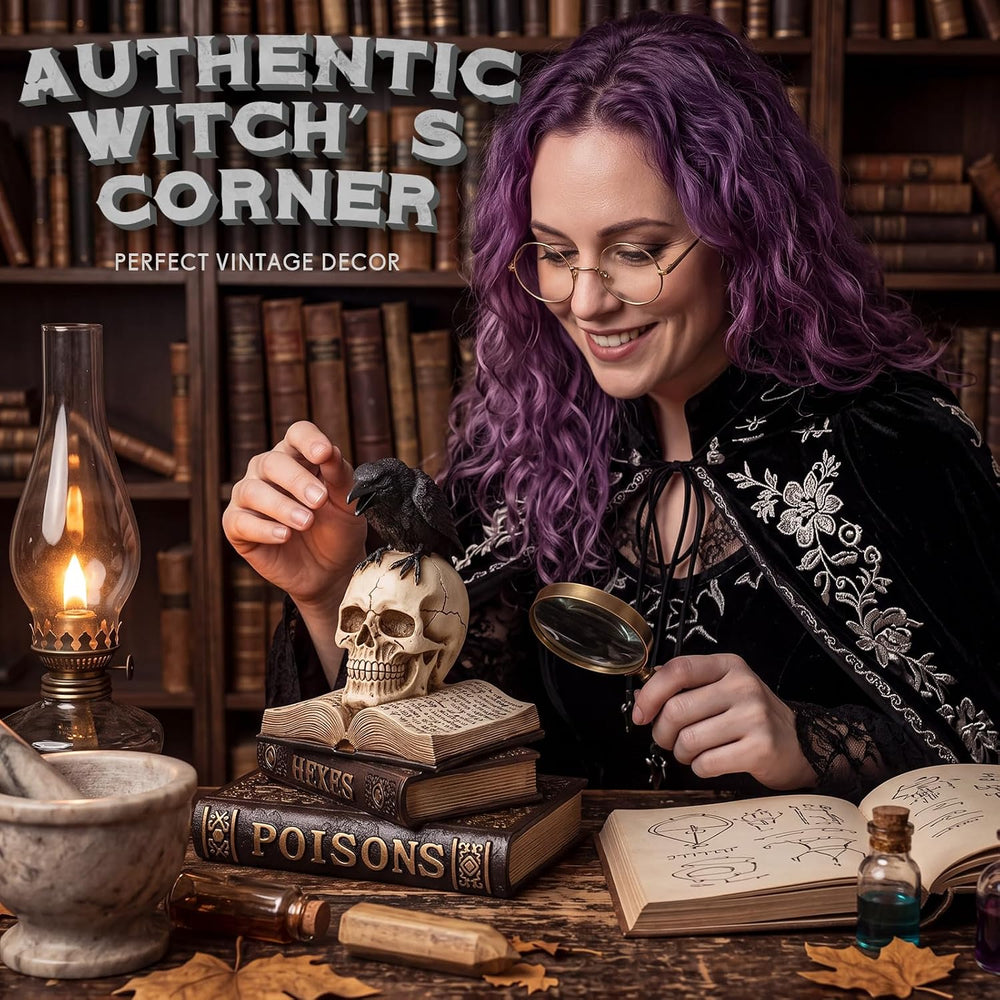 Canchiing Halloween Witch Spellbook Decor Skull Raven Mantel Tabletop Decor