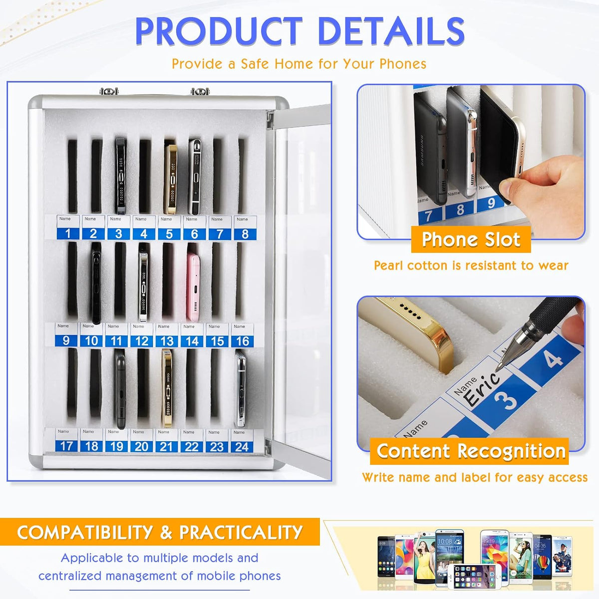 24 slots aluminum alloy cell phone locker, phone showing dimensions