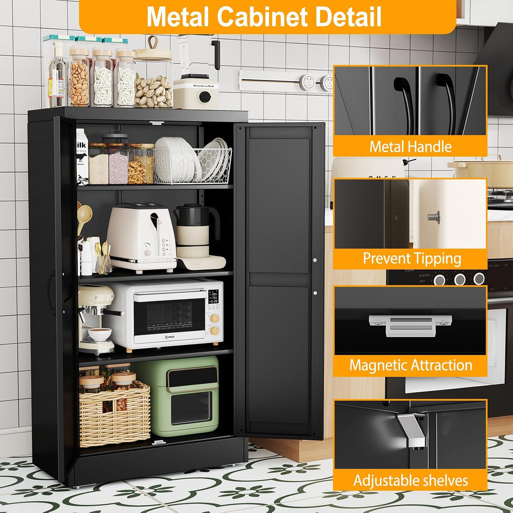 ckzbx black metal cabinets with doors and shelves, side view