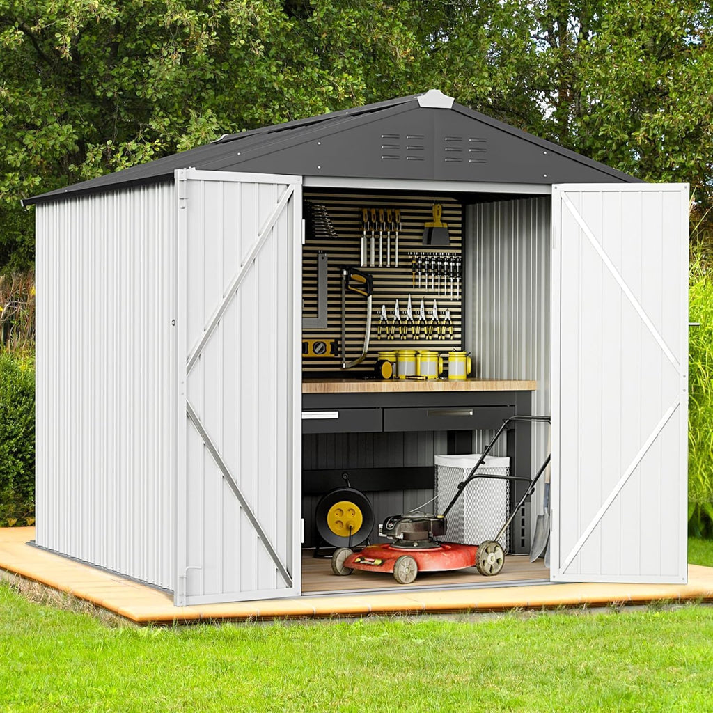 greesum 6x4ft outdoor storage shed, utility tool shed shown in use