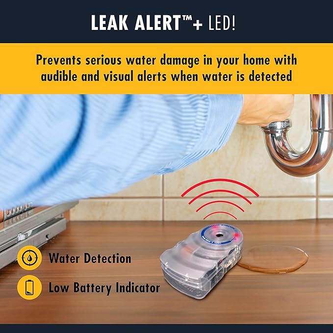 Zircon Leak Alert + LED! Water Leak Detector & Flood Sensor Alarm/Water Leak (2 Pack)