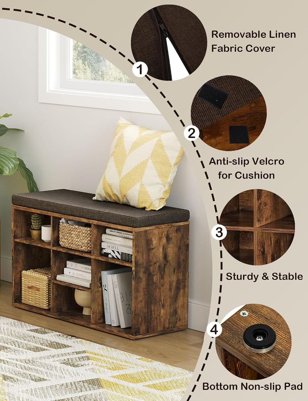 DINZI LVJ Shoe Storage Bench with Cushion, 31.5" Cubby Shoe Rack, 9 Cubbies
