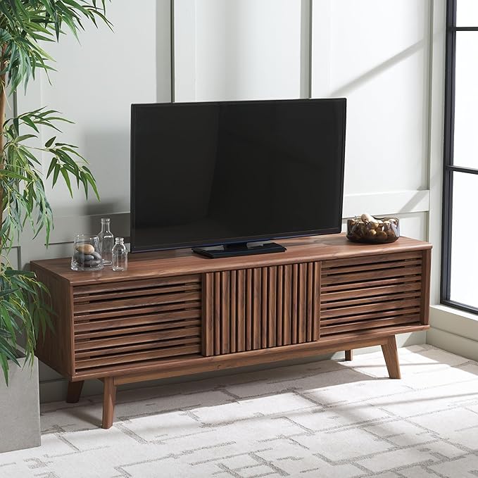 SAFAVIEH ESMA TV Stand for up to 65" Flatscreen – Walnut Brown, Sliding Doors