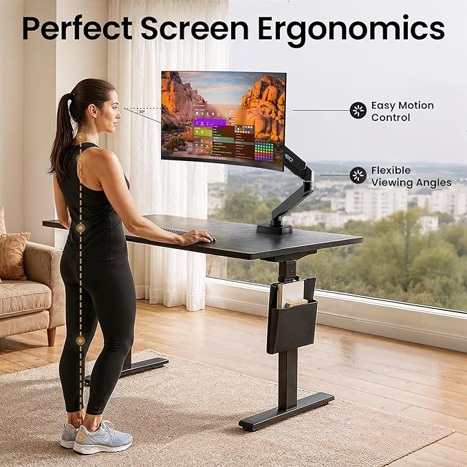 EVEO Premium Single Monitor Arm 14"–34", Adjustable Gas Spring Monitor Mount