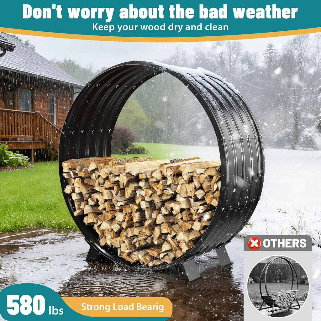 3.3 ft diameter round firewood rack with 4 shown in use