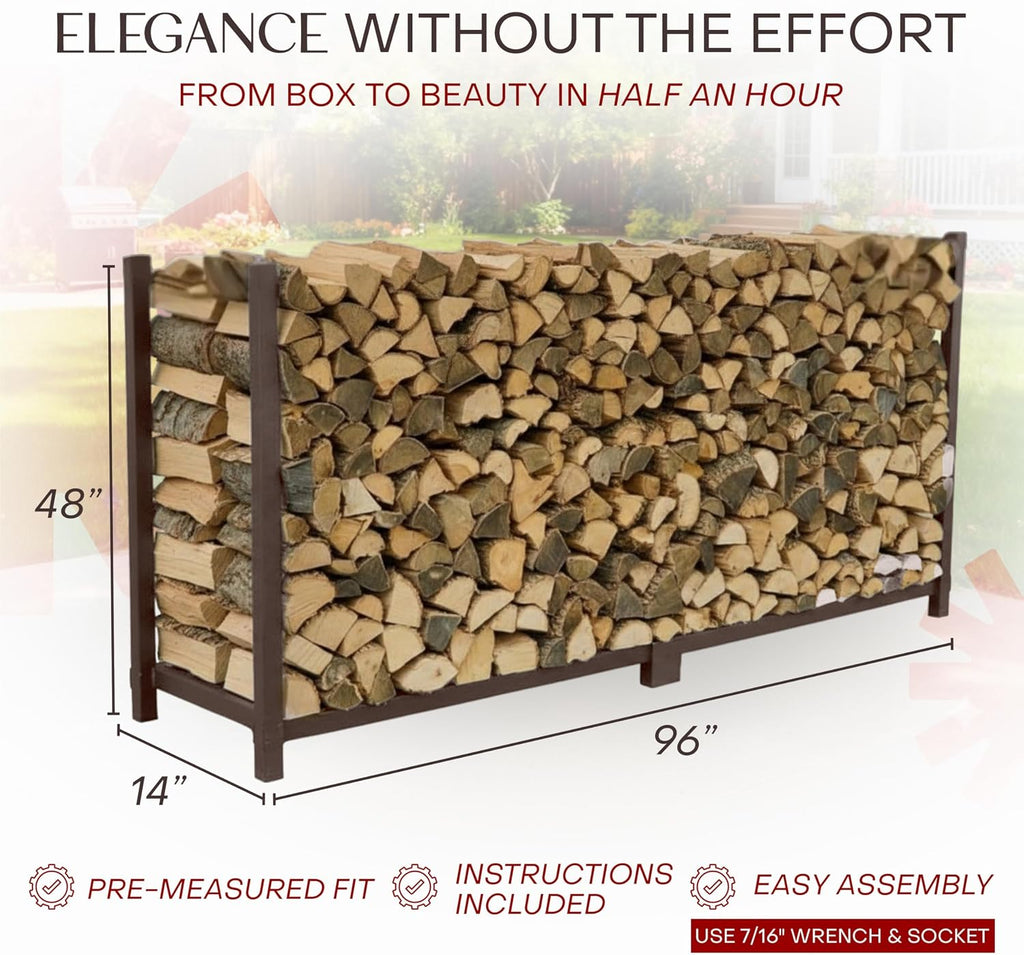 woodhaven 8-ft raised firewood rack brown, 1/2 cord, side view