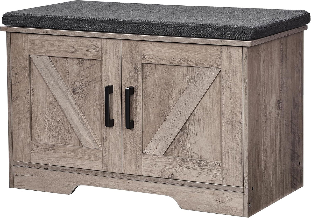 HOMSHO Farmhouse Shoe Storage Bench with 2 Barn Doors & Padded Seat Cushion