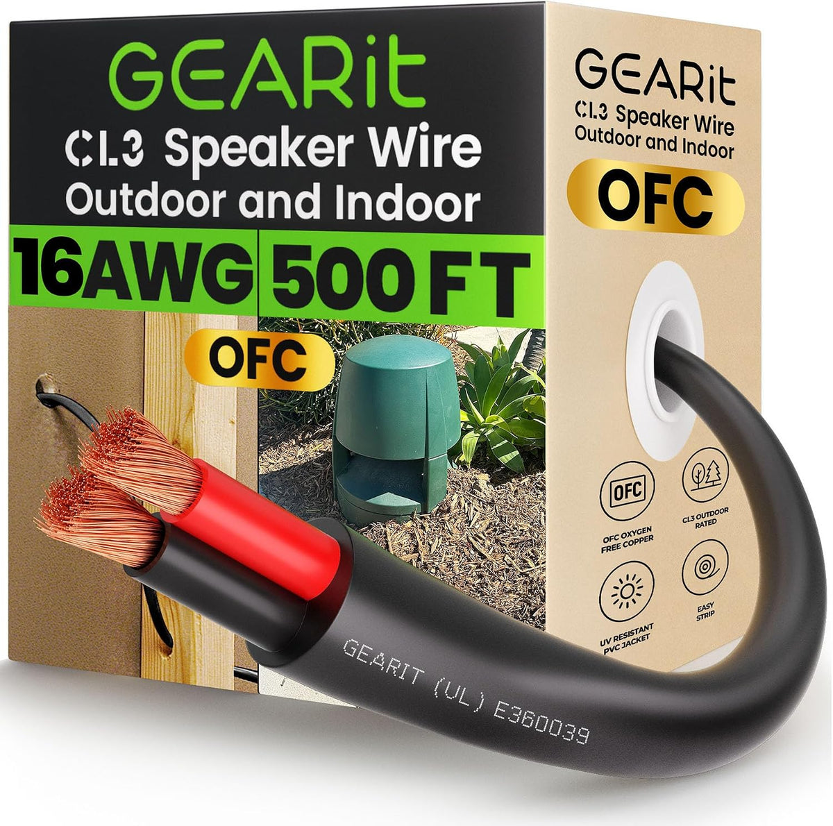GEARit Outdoor Speaker Wire CL3 Rated, 16 Gauge Speaker Wire, Speaker Cable 500