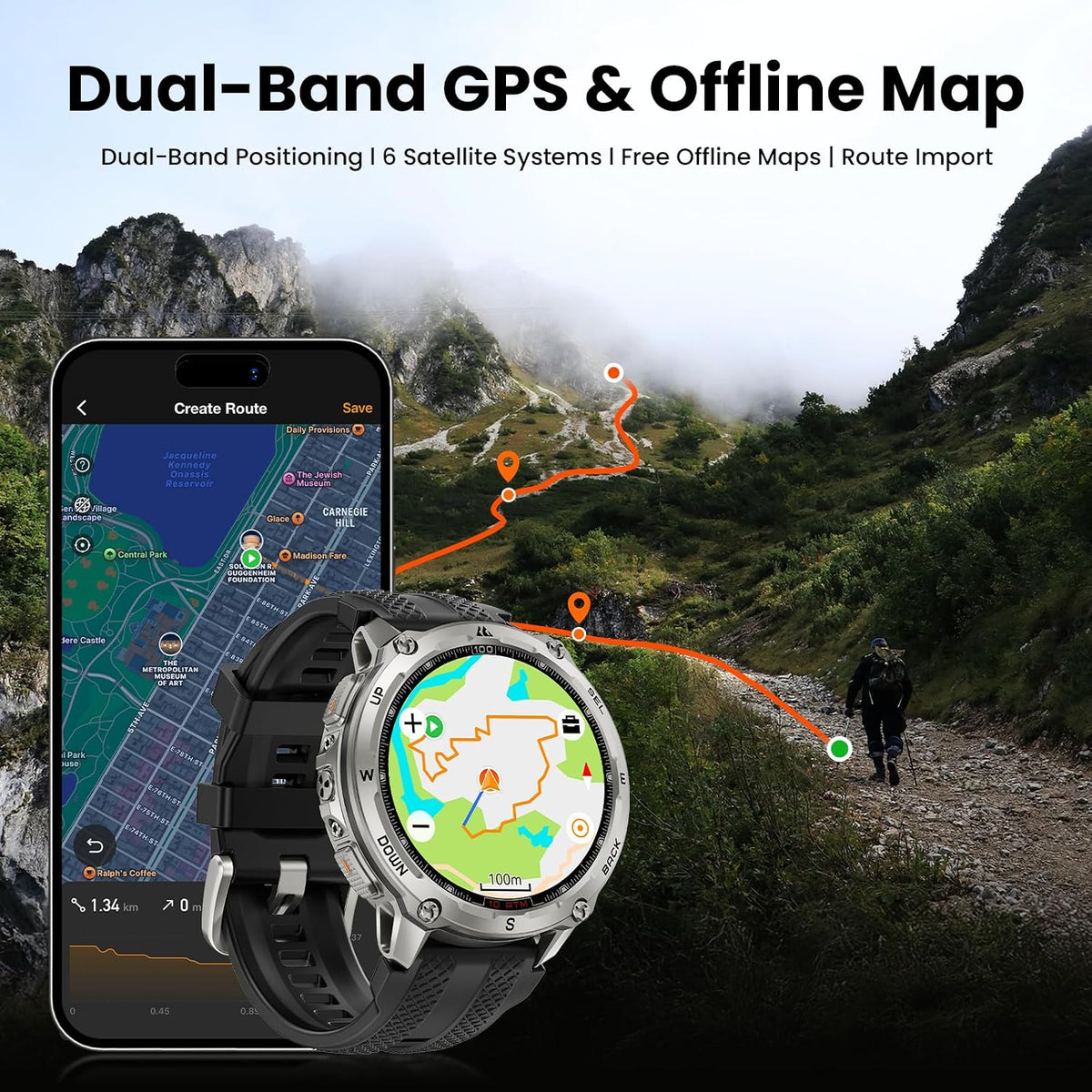 kospet tank t4 rugged smart watch, gps/offline maps showing dimensions
