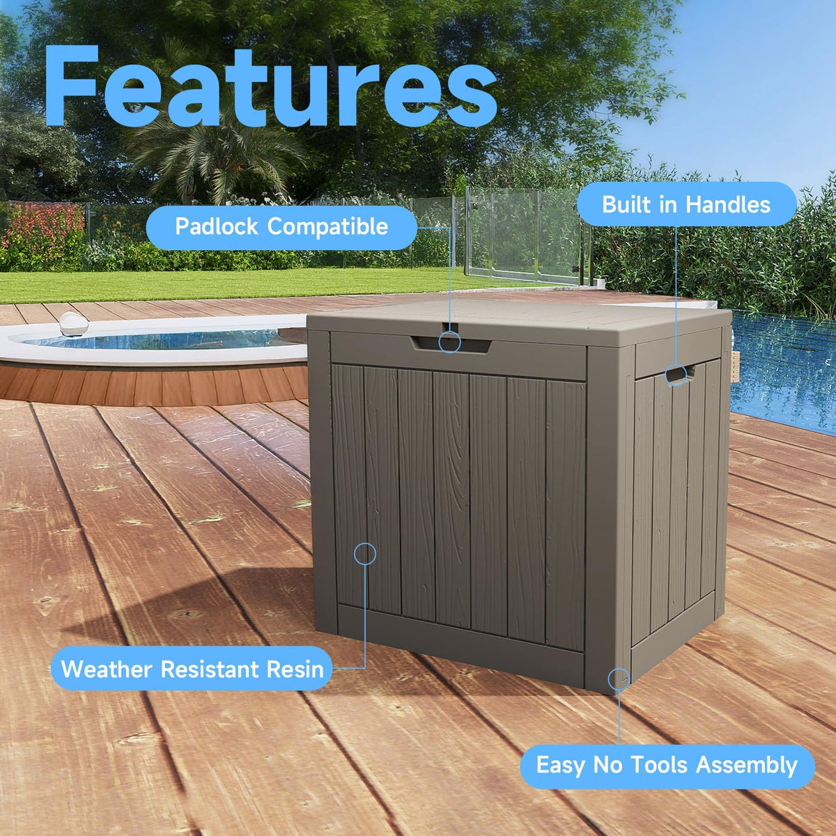 40 gallon outdoor storage box,waterproof uv resistant deck shown in use