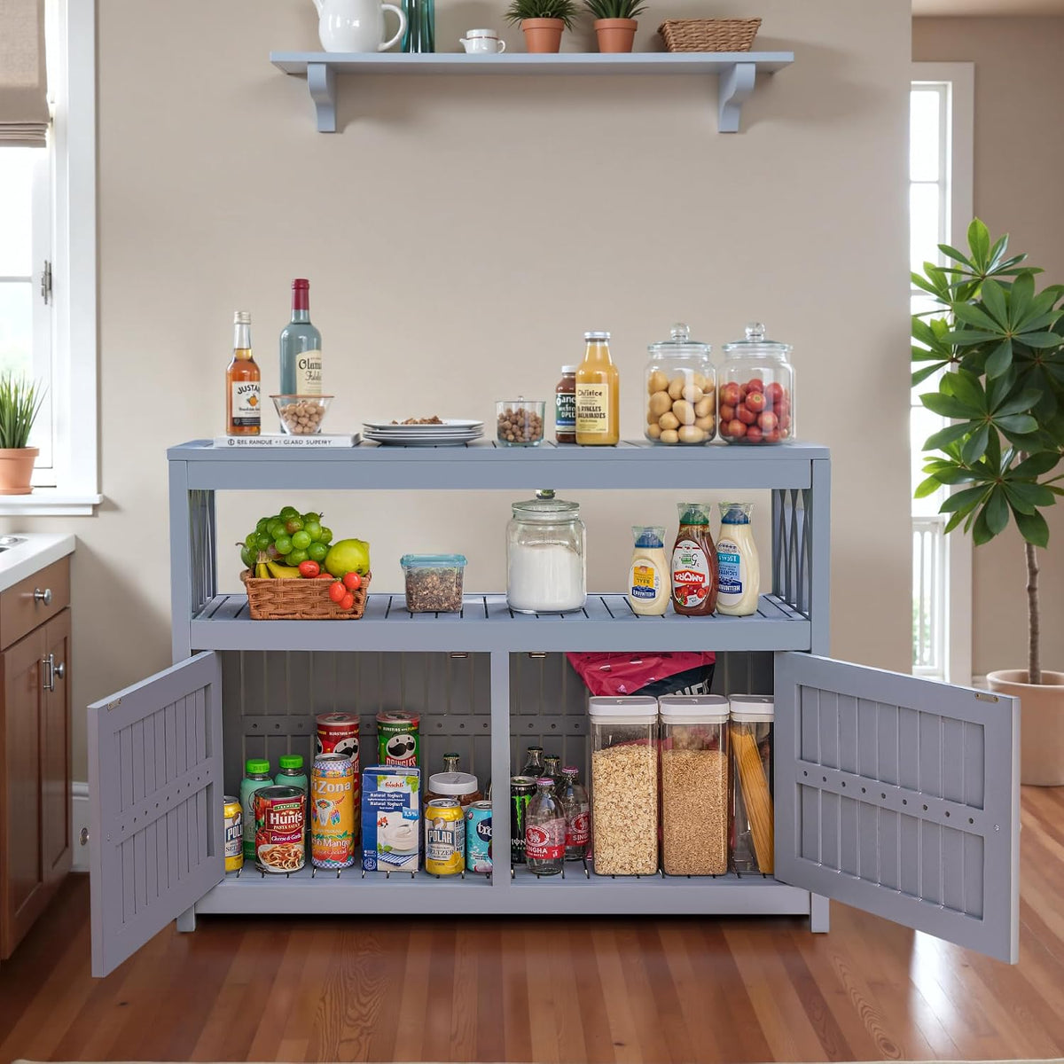 devoko acacia wood patio cabinet with 2 magnetic, close-up detail