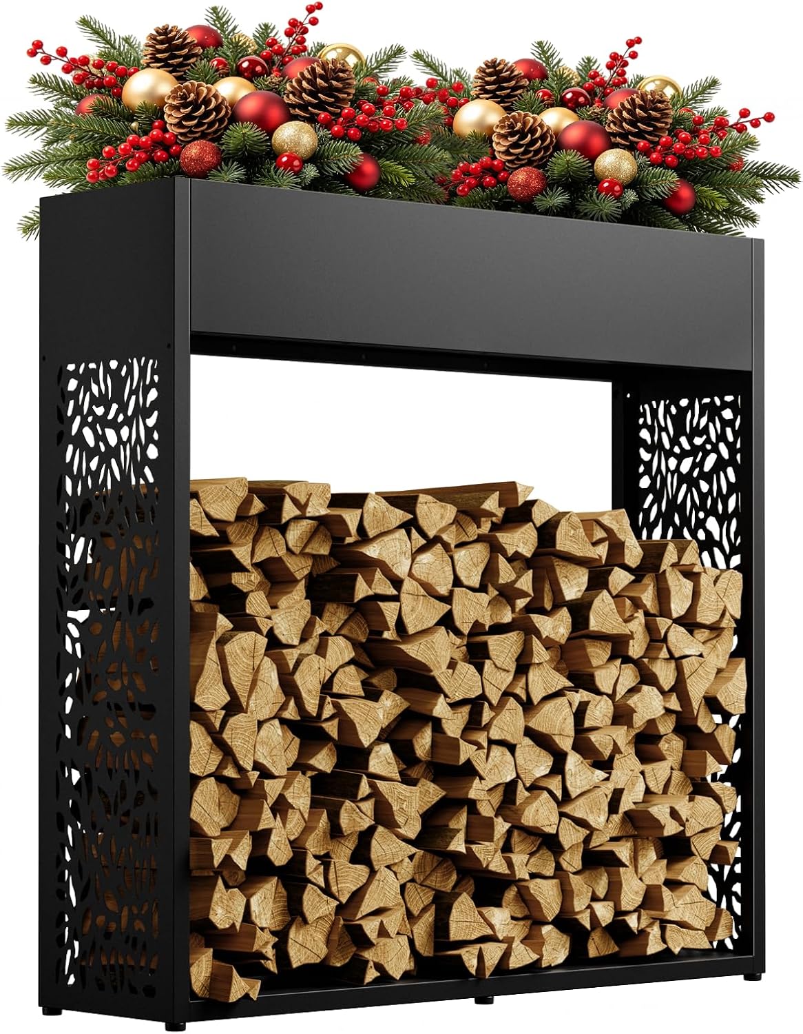 4ft Firewood Rack Outdoor, Fire Wood Log Storage with Planter Box for Indoor, Black