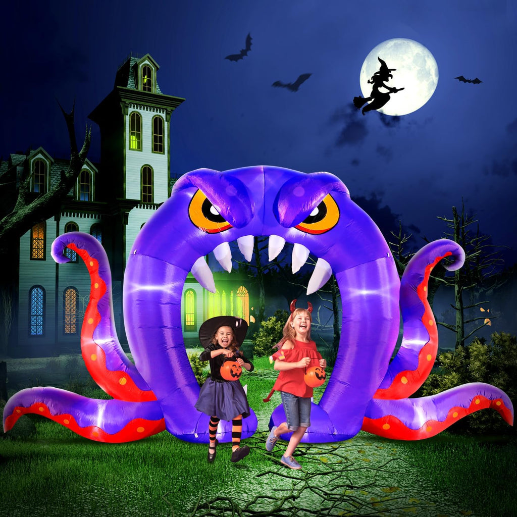 DomKom Halloween Inflatable Blow Up Decorations, 16FT Long 8FT Tall Purple Monster Octopus Archway, Built-in LEDs for Holiday Party, Garden, Lawn, Yard, Patio Décor