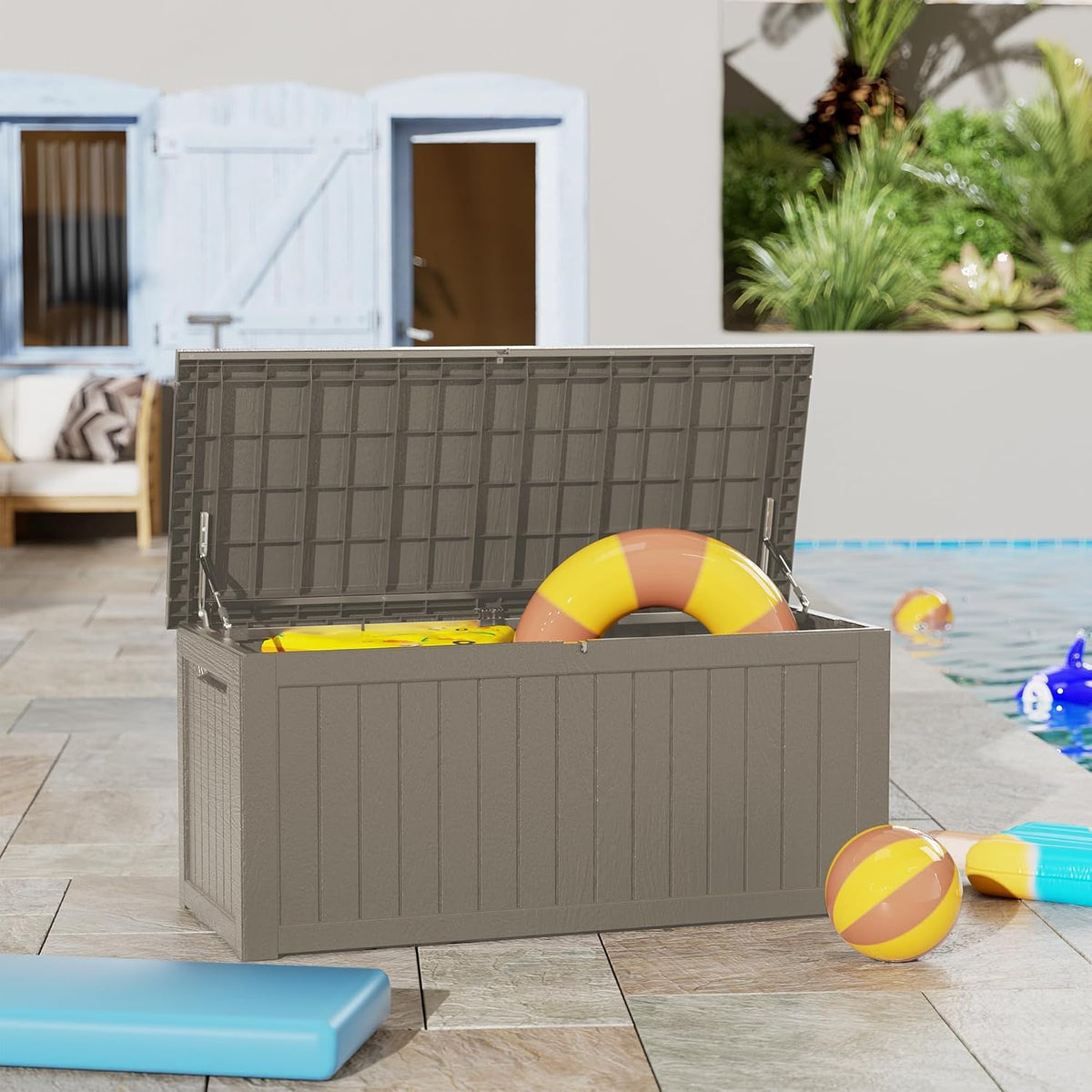 outdoor storage box, 270 gallon waterproof deck box showing dimensions