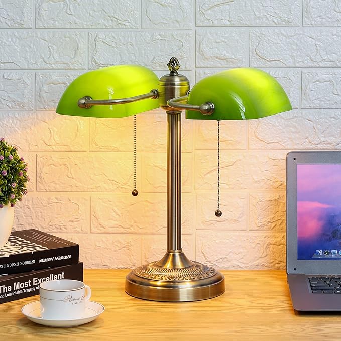 Newrays Green Double Head Glass Bankers Desk Lamp
