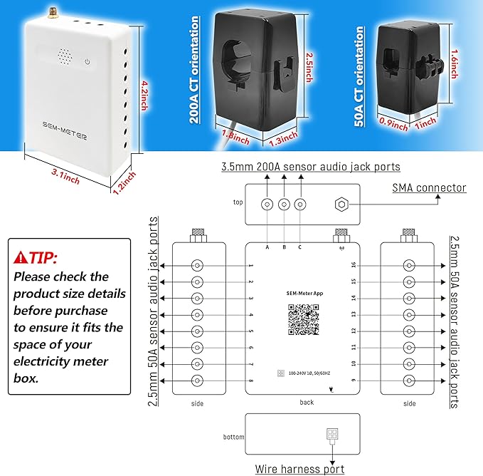 Smart Home Energy Monitor with 16 50A Circuit Level Sensors, Measure Power