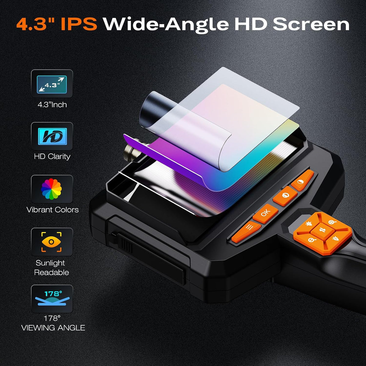 endoscope camera with light, handheld borescope, 4.3" ips, close-up detail
