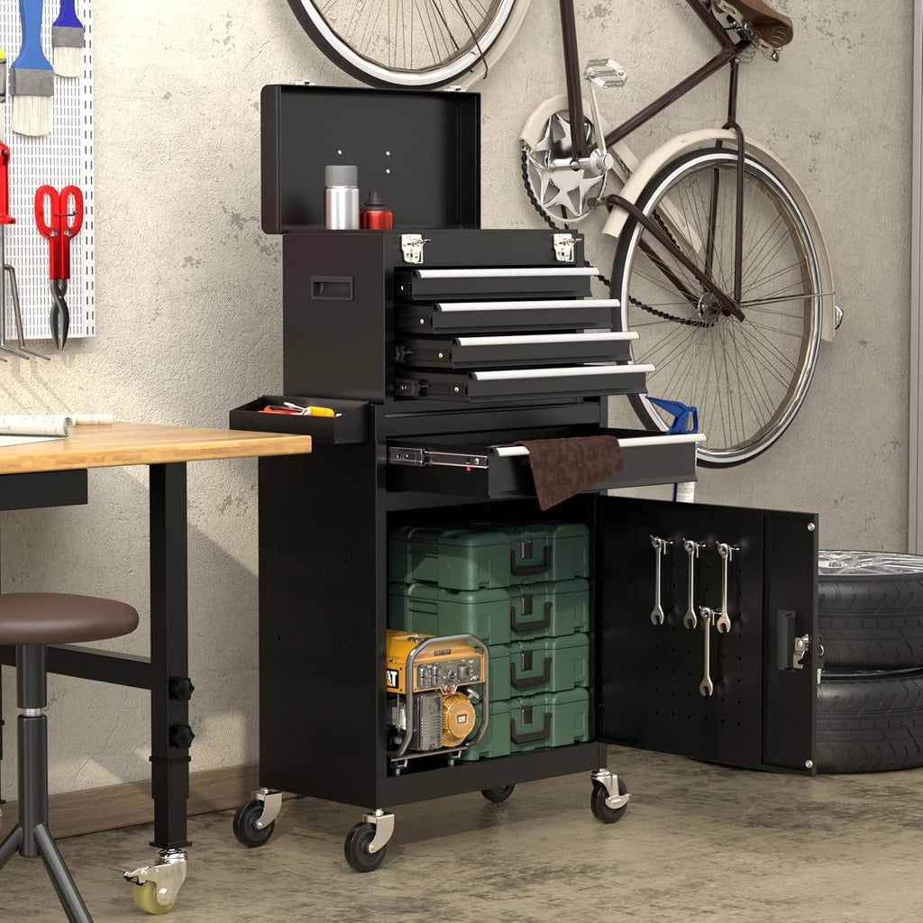 5-drawers black tool chest, 2-in-1 mechanic rolling tool shown in use
