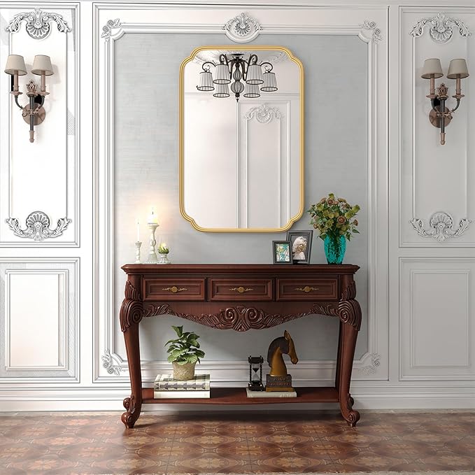 Gold Bathroom Vanity Mirror for Wall 24" x 36" Modern Rounded Rectangle Mirror