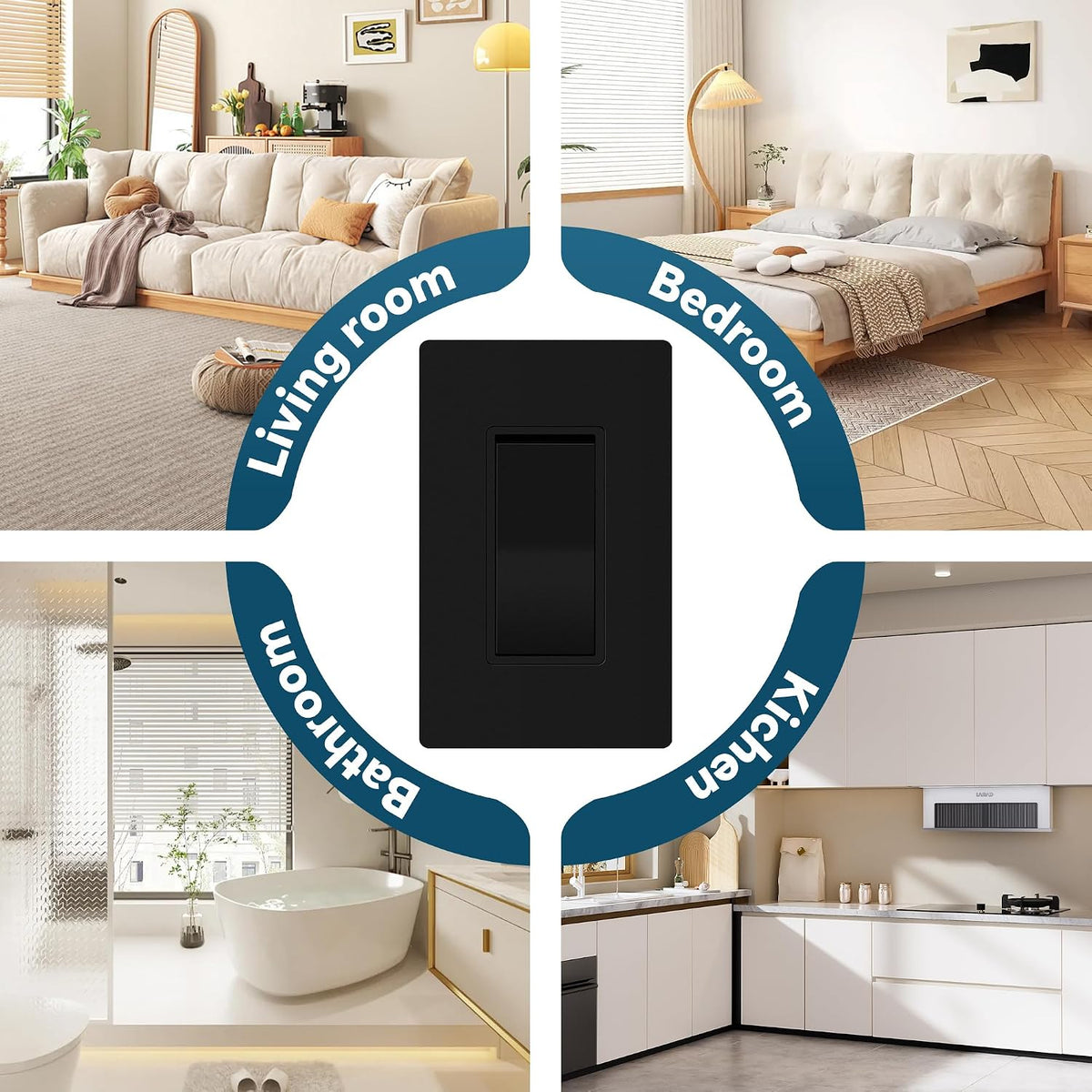 thunderway matte black 3 way decorative light switch, front angle view