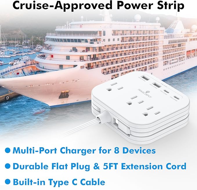 TRAVEL DEPOT Cruise Essentials Flat Plug Power Strip, Durable 5 ft Extension