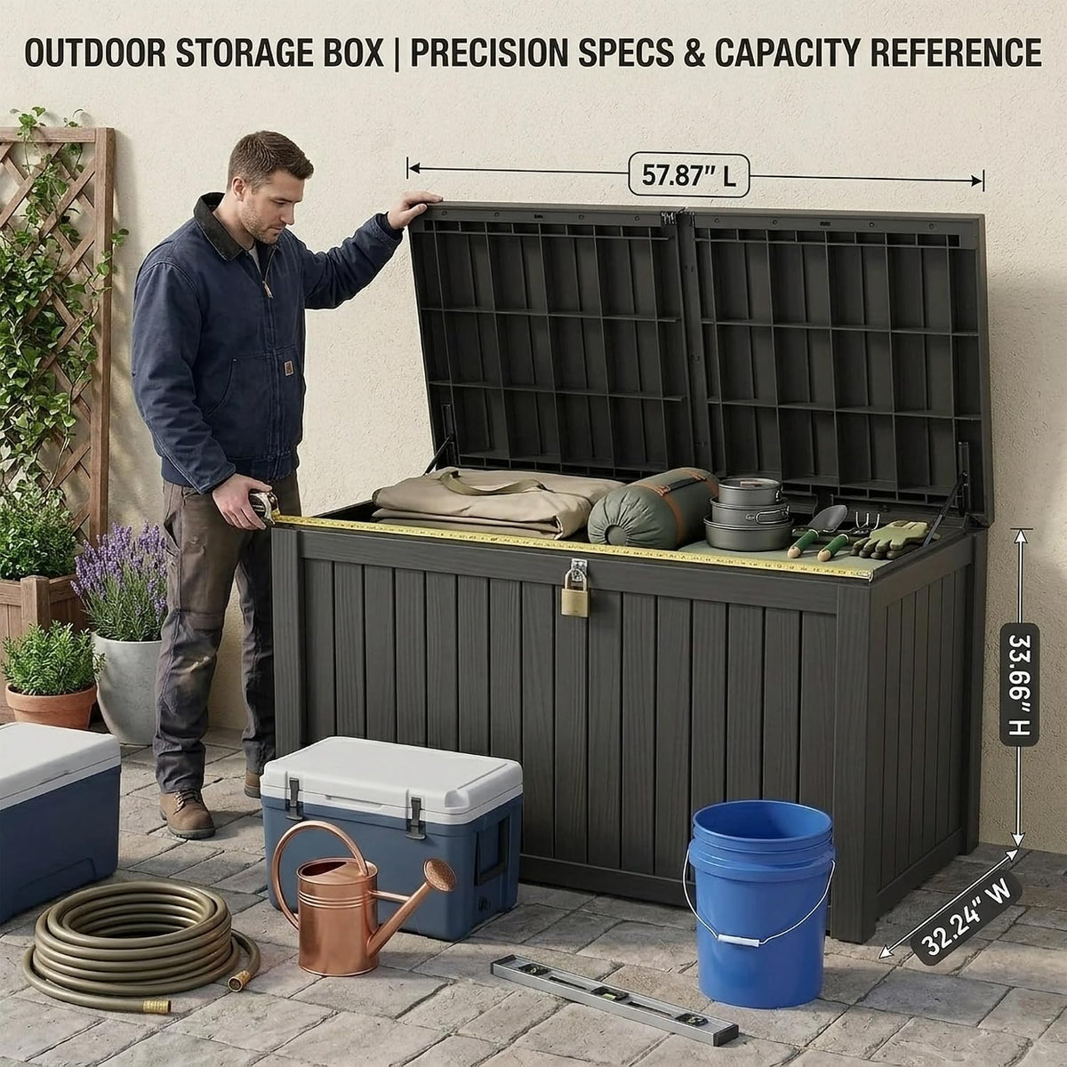 320 gallon extra-large outdoor storage box, waterproof lockable shown in use