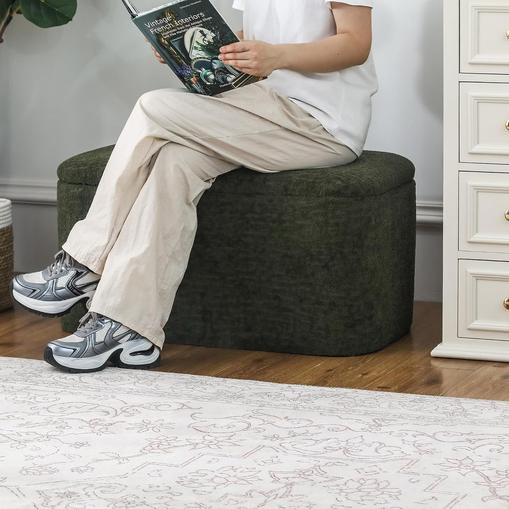Rectangle Storage Ottoman Bench, 31.8" L x 16.1" W x 16.3" H, Modern Fabric, Green