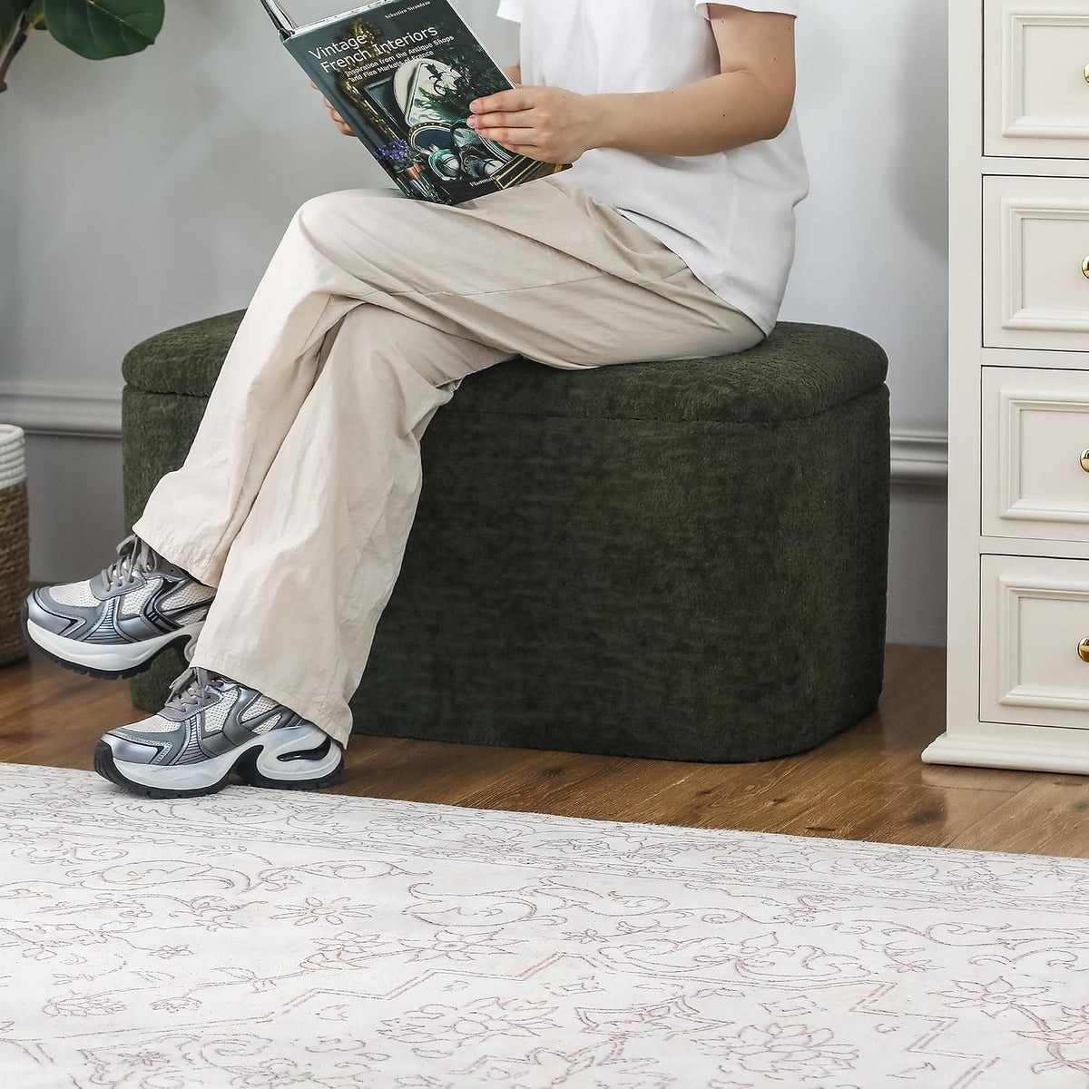 Rectangle Storage Ottoman Bench, 31.8" L x 16.1" W x 16.3" H, Modern Fabric, Green