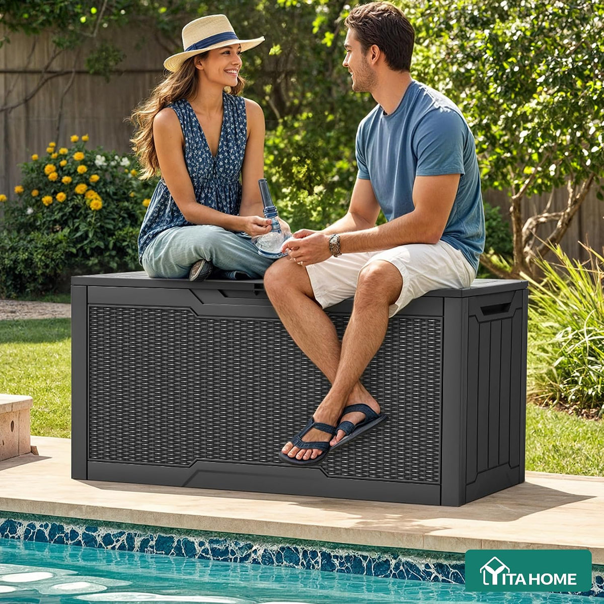 yitahome 80 gallon outdoor storage box shown in use