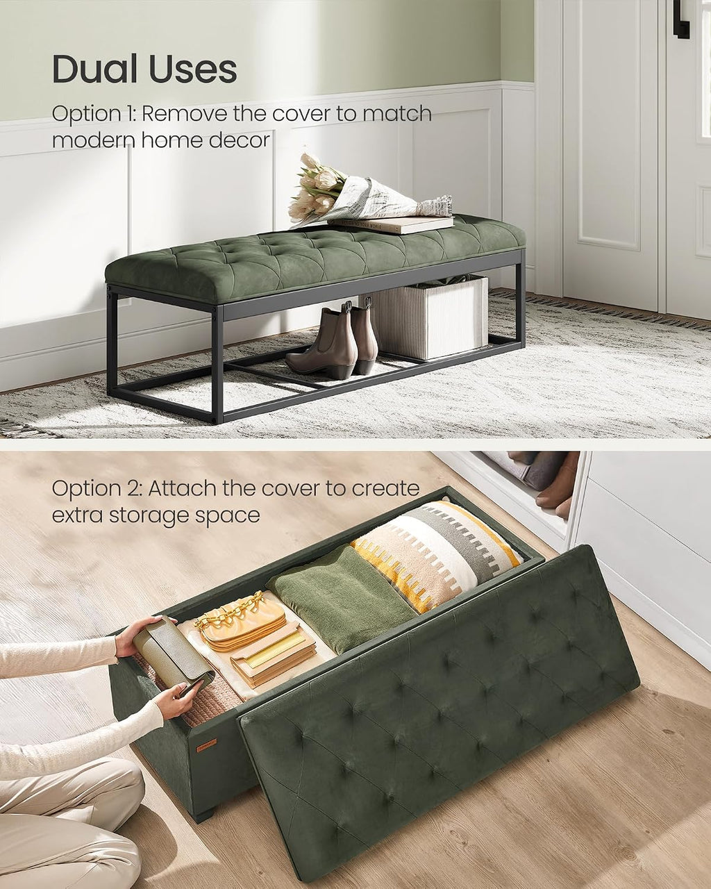 songmics storage ottoman bench, foot rest with legs showing dimensions