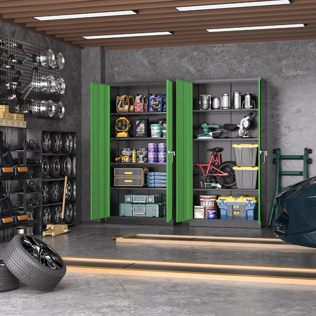 greenvelly metal garage storage cabinet, 72" black green shown in use