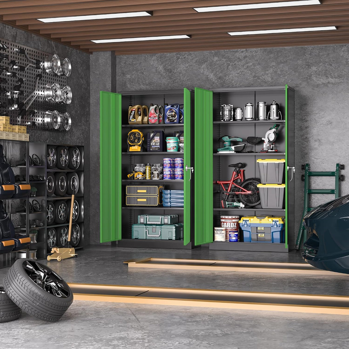 greenvelly metal garage storage cabinet, 72" black green shown in use