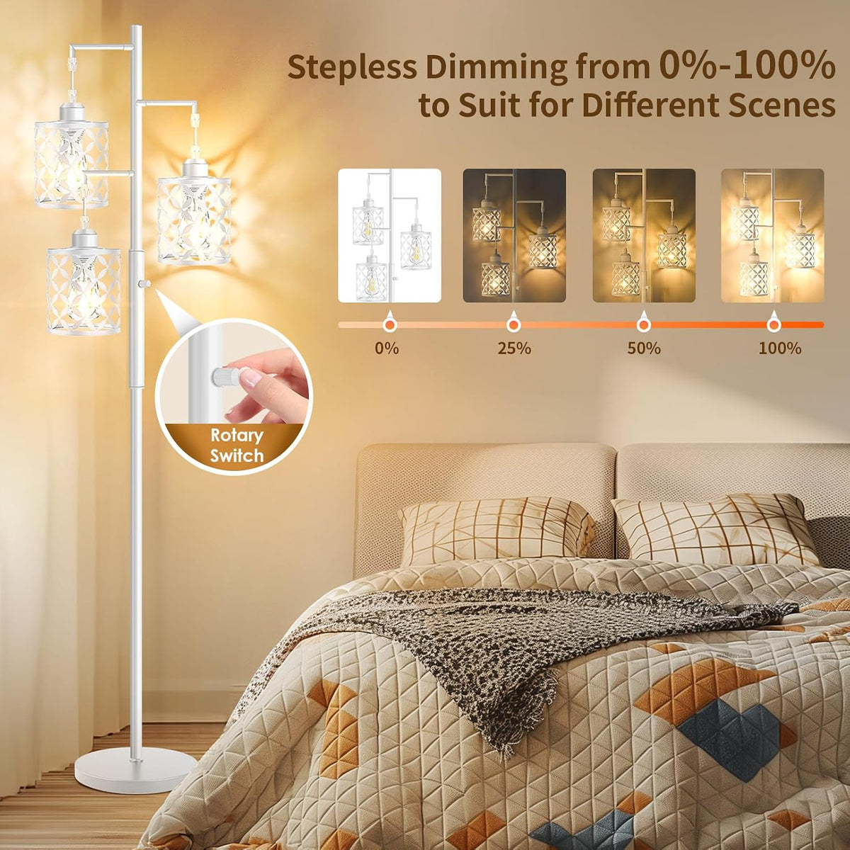 Dimmable Floor Lamp, Farmhouse Standing Lamp with Elegant Metal Cage, Industrial Tall Tree Floor Lamps for Living Room Bedroom Study Room Office, 3 x 800LM LED Bulbs Included - 68", White