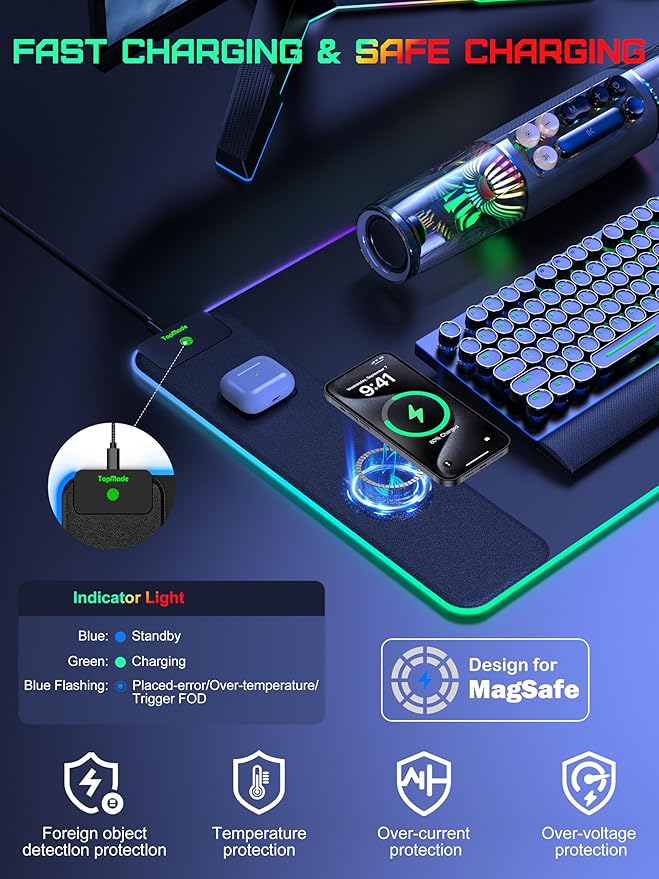 TopMade Wireless Charging Mouse Pad, RGB Gaming Mousepad Home Office Desk Pad