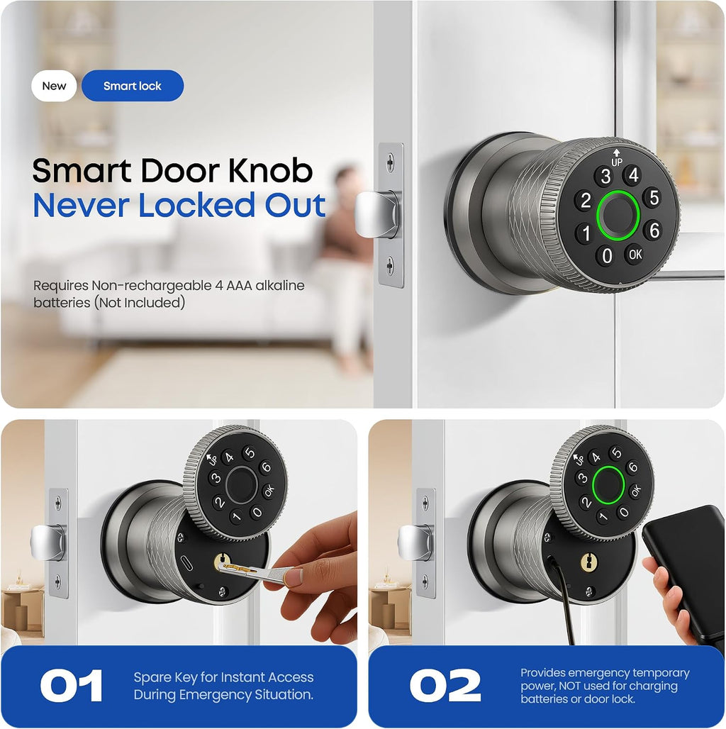 keypad door lock with knob, smart keyless entry showing dimensions