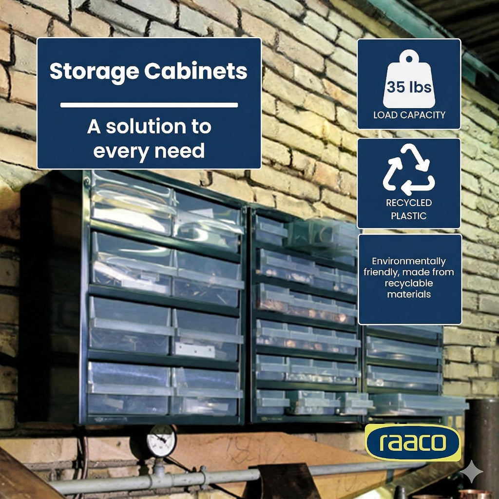raaco steel storage cabinet, compact 16-drawer (c6-16), tool, close-up detail
