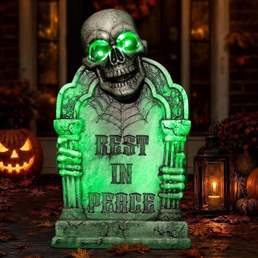 Halloween Decoration Animatronic Tombstone with Skull & Pillars, Sound Ac...