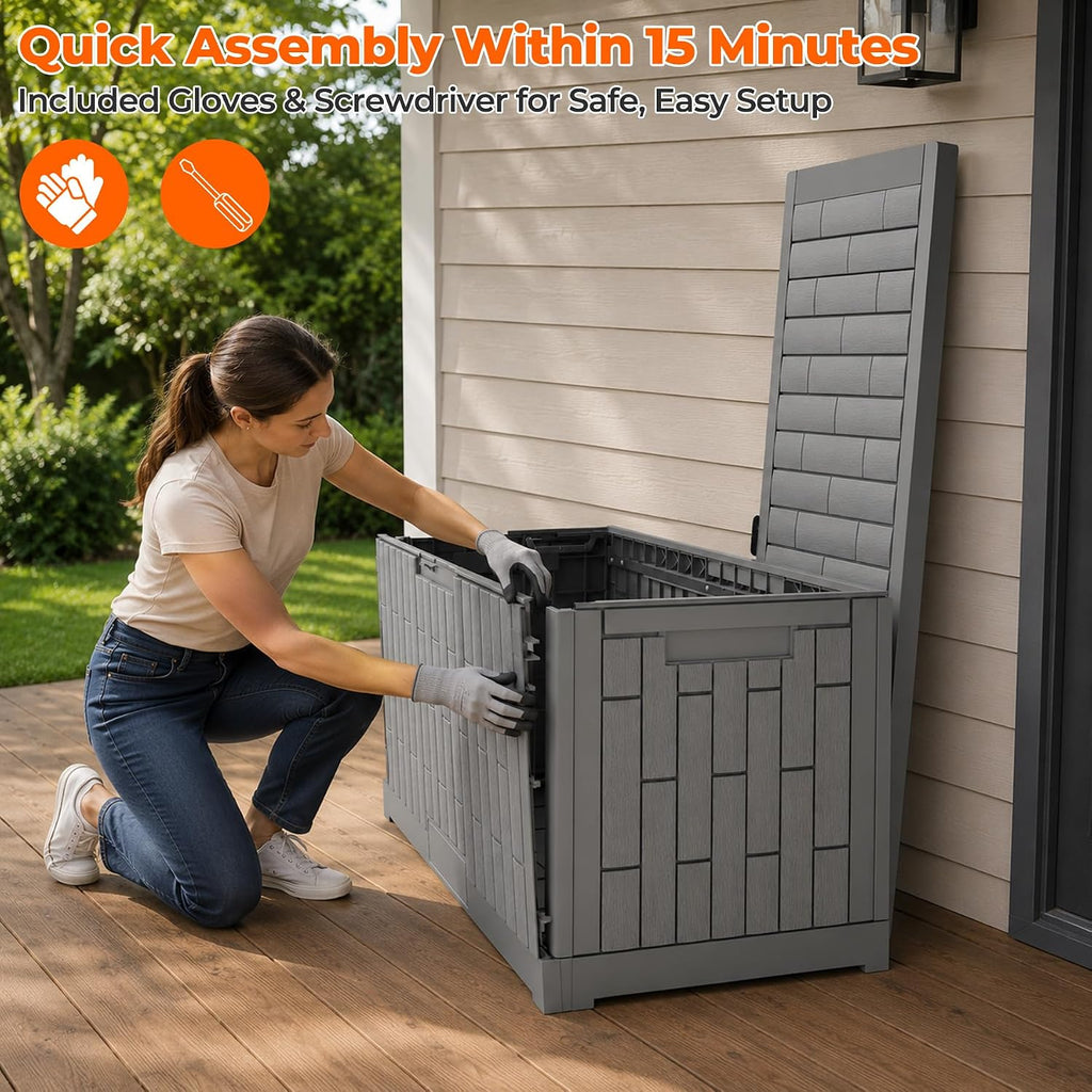 outdoor storage box, 120 gallon waterproof resin patio, side view
