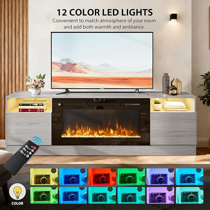 YISUFO 70" TV Stand with 36" Electric Fireplace, Large Modern Media