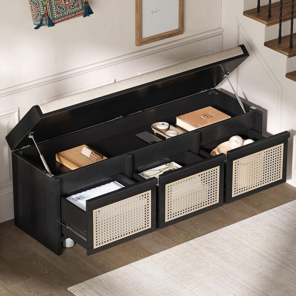 LUMISOL 48" Entryway Shoe Bench, Retro Storage Bench with Rattan Drawers & Removable Button-Tufted Upholstered Cushion for Living Room, Hallway, Foyer, Black