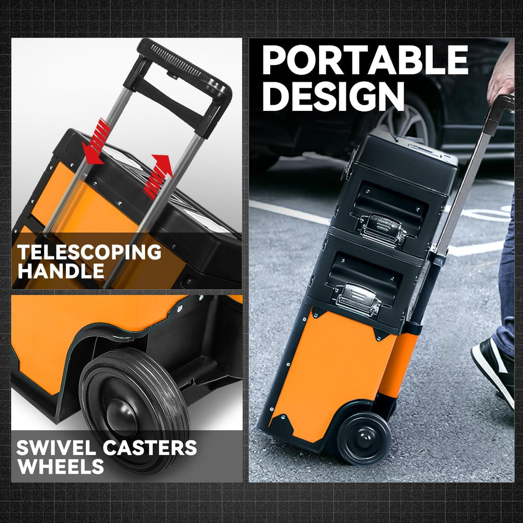 auto dynasty 3-tier rolling trolley tool box stackable, side view