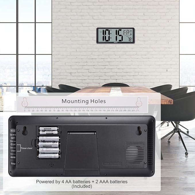 XREXS Large Digital Wall Clock, Battery Operated Alarm Clocks