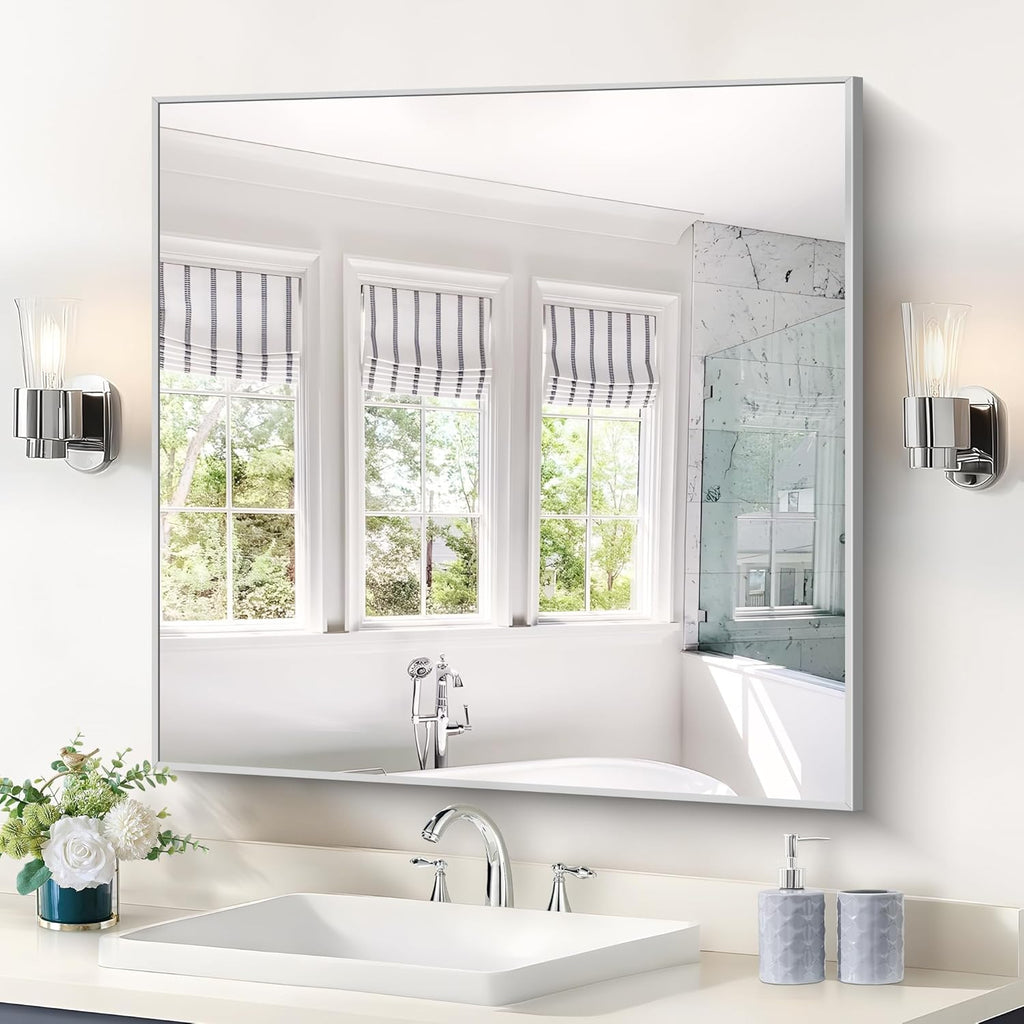 Silver Bathroom Mirror for Wall, 30x30 Inch Rectangle Mirrors