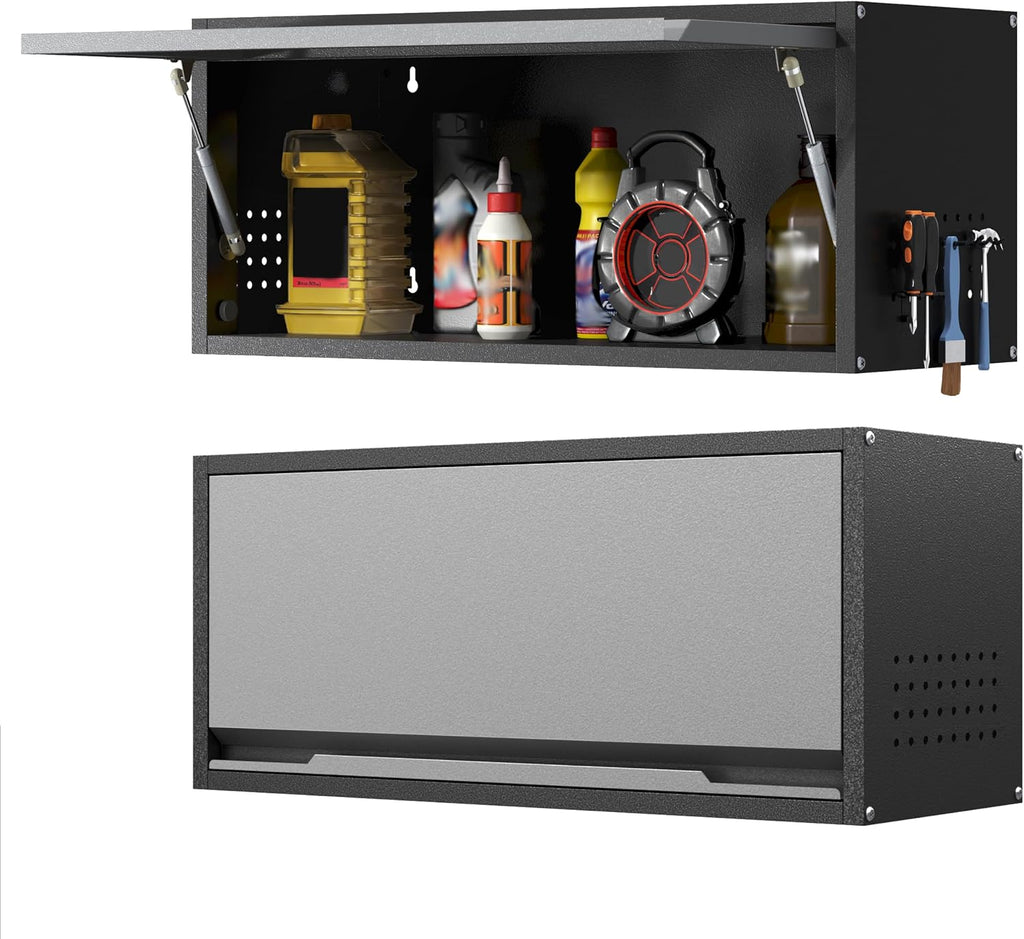 Metal Garage Wall Cabinet with Doors Side with Holes,13.8"H 1 Door Small Wall Hanging Tool Chest Cabinet ,Garage Storage Cabinet for Garage, Basement, Kitchen, Warehouse,Office, Bathroom-Black Gray