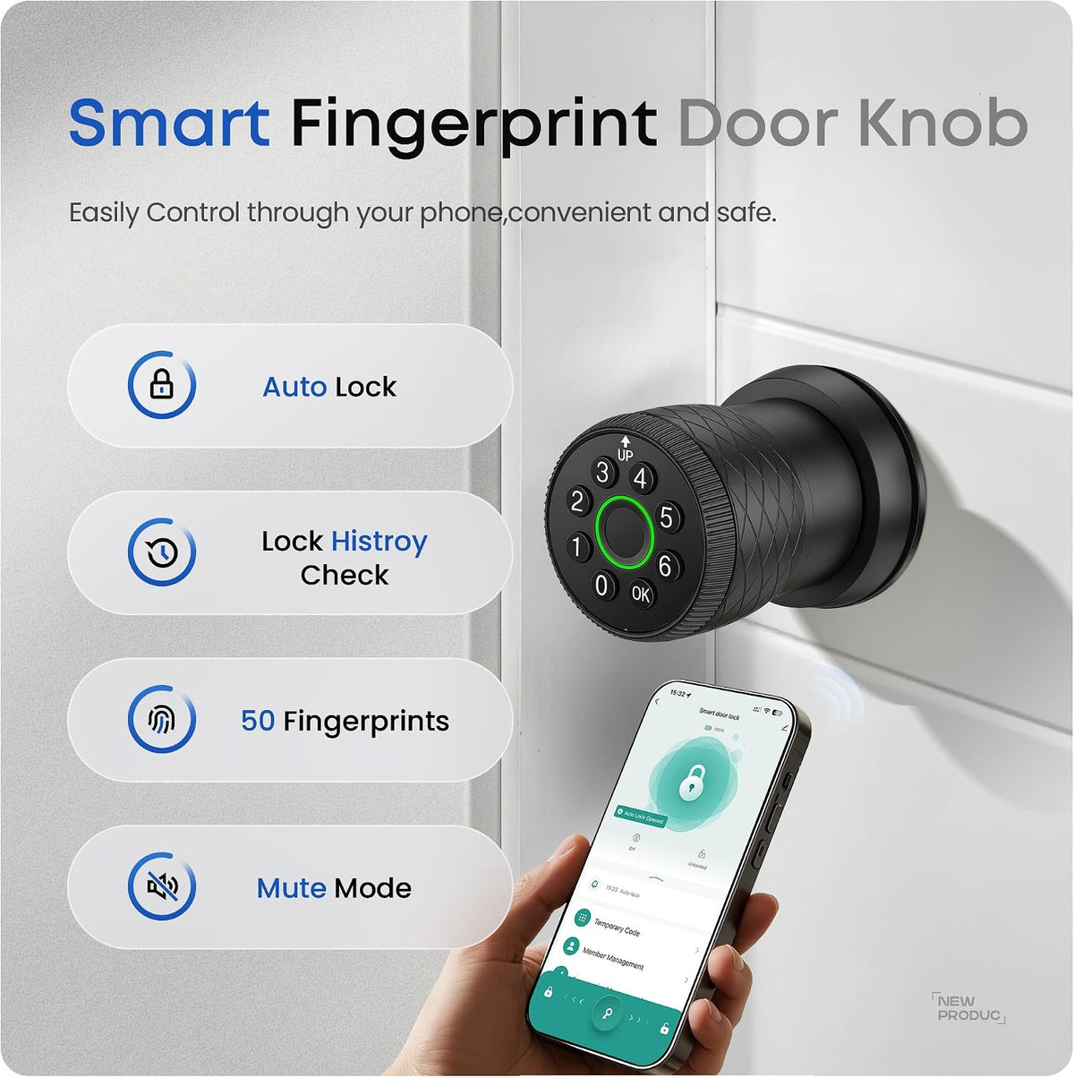 keypad door lock with knob, smart keyless entry, front angle view